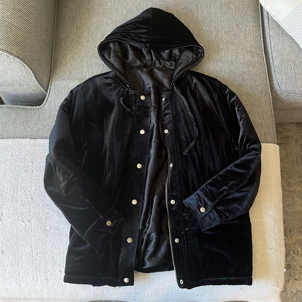 Black velvet womens jacket with hood!